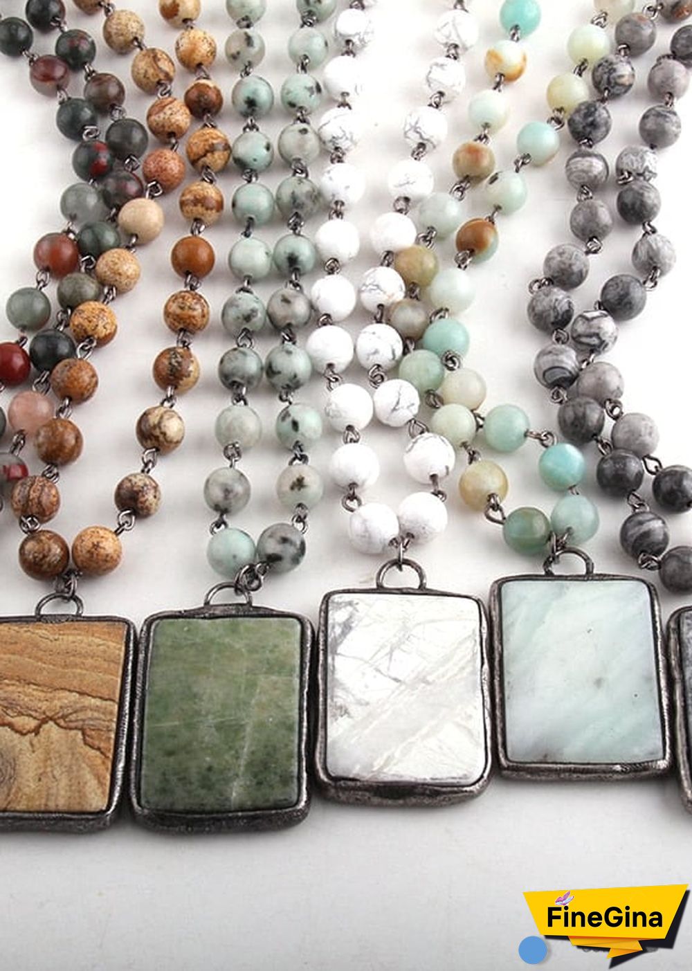 Boho Necklace, RH Jade Amazonite, Square Green Natural Stone