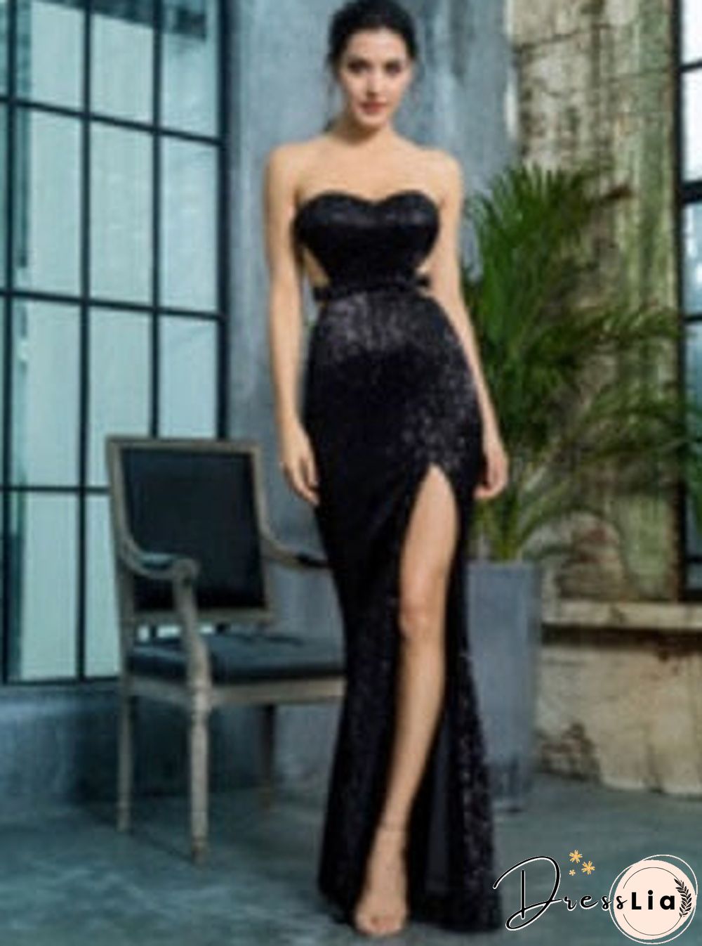 Love&Lemonade  Black Bra Open Back Back Pleated Sequins Slim Dress Party Long Dress Lm81335