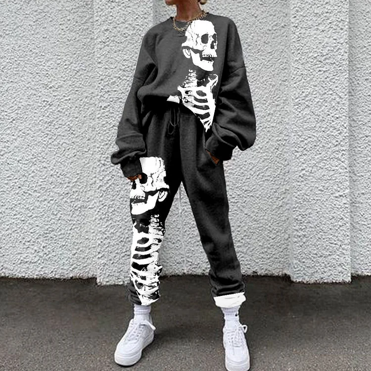 Casual Skull Print Long Sleeve Two Piece Set