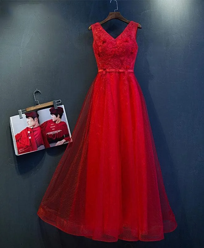 Red V Neck Lace Tulle Long Prom Dress, Red Evening Dress