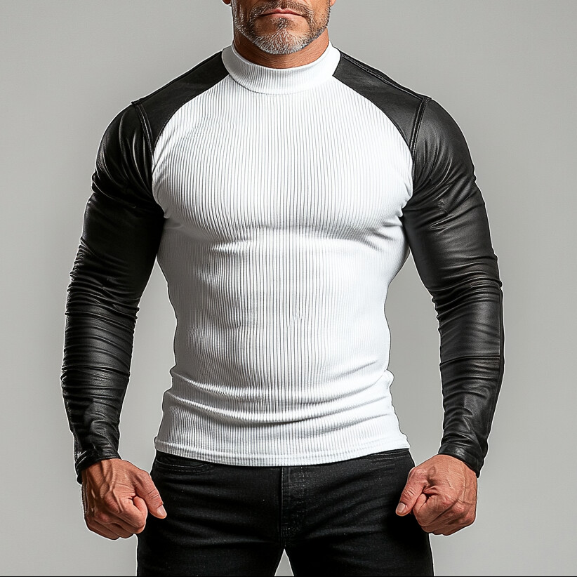 Men's Contrast Color PU Leather Patchwork Long Sleeve T-Shirt