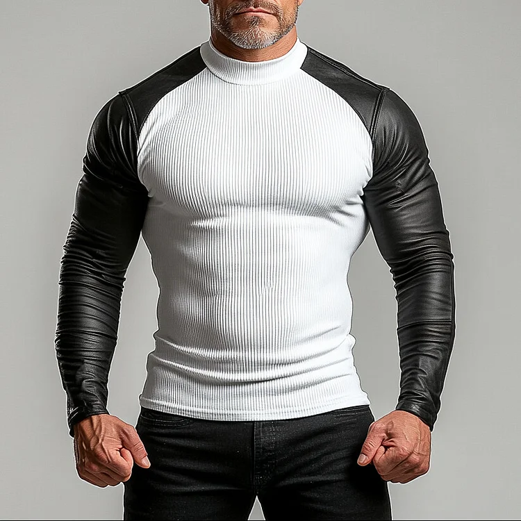 Men's Contrast Color PU Leather Patchwork Long Sleeve T-Shirt