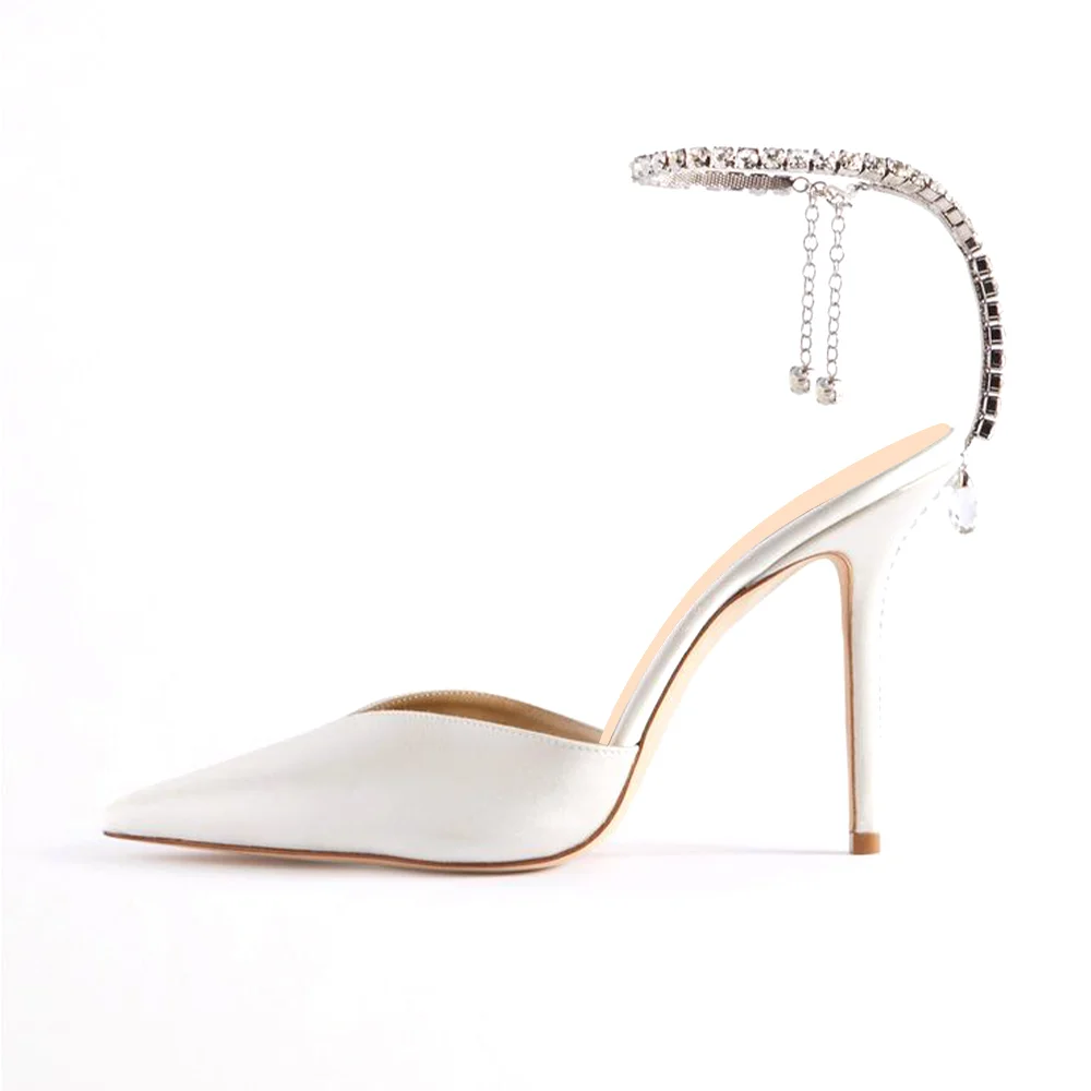 Full White Pointed Slingback Wedding Shoe Crystal Chain Ankle Strap Pumps Nicepairs