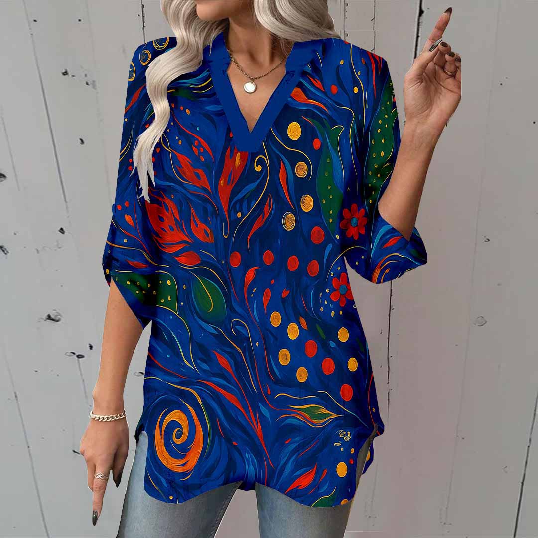 Women Abstract, Blue, Red DZGA0361 3/4 Sleeve V-neck Printed Graphic Button Tops