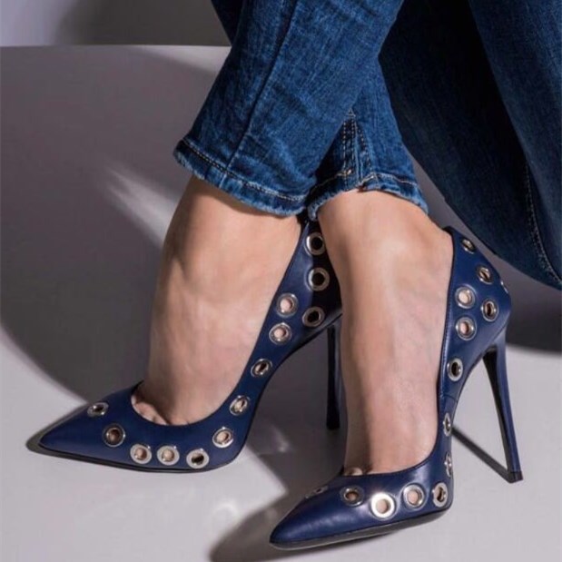 GOOSHOE Navy Pointed Toe Stiletto Heel Pumps with Studs