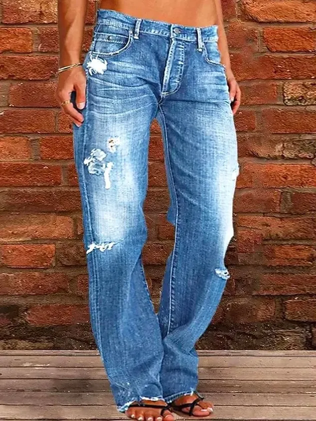 Women's Stright Jeans Western Cowboy Cowgirl Jean Loose Plain Casual Denim Jeans Ripped Jeans