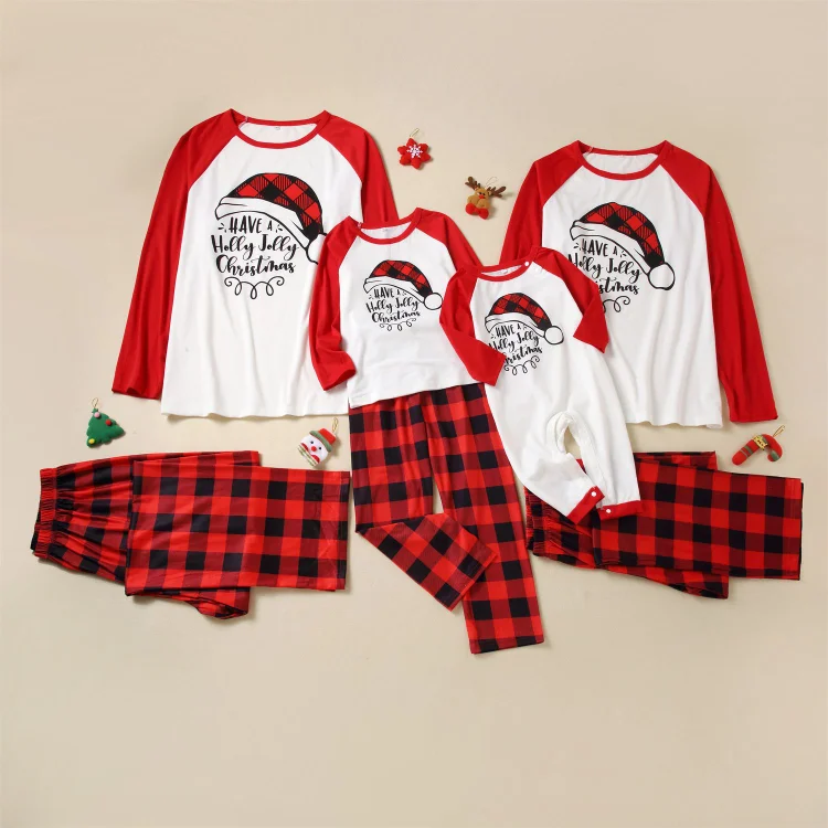Merry Christmas Hat and Letter Print Red Plaids Family Matching Pajamas Set