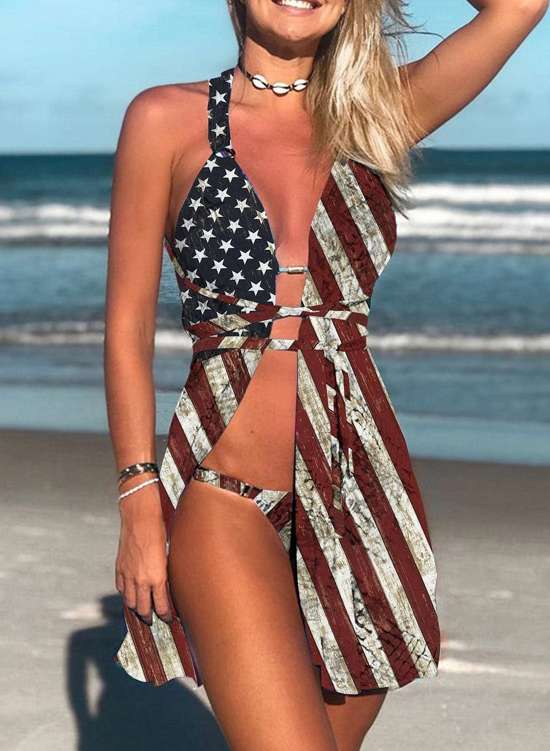 American Flag Spaghetti Bikini Set With Cover Up
