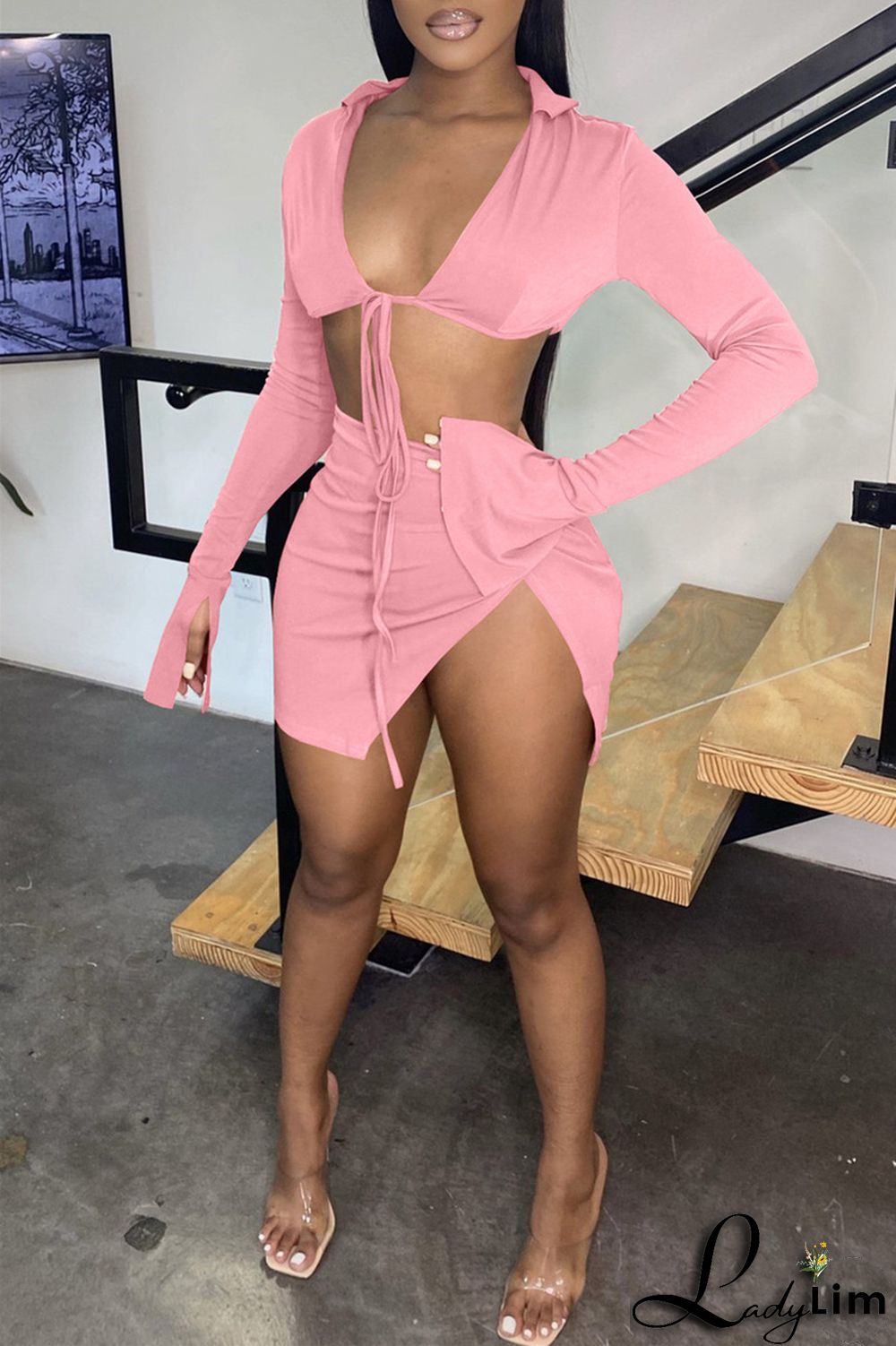 Yellow Fashion Sexy Solid Bandage Slit V Neck Long Sleeve Two Pieces
