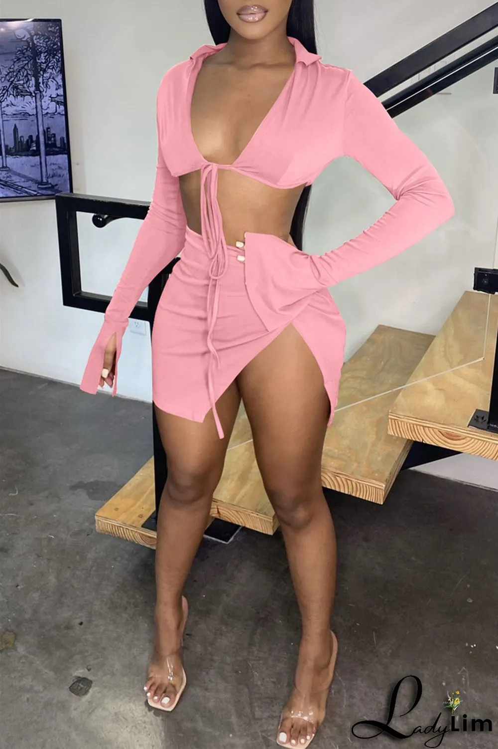 Yellow Fashion Sexy Solid Bandage Slit V Neck Long Sleeve Two Pieces