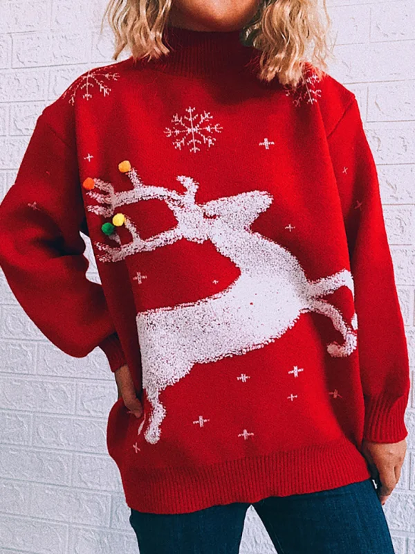 Women's Christmas Sweater Loose Thickened Fawn Snowflake Round Neck Long Sleeve Pullover Flusfy