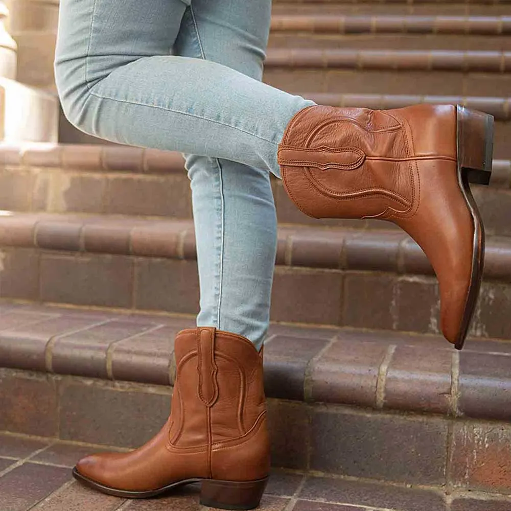 Brown Closed Toe Chunky Heel Casual Ankle Women's Western Boots