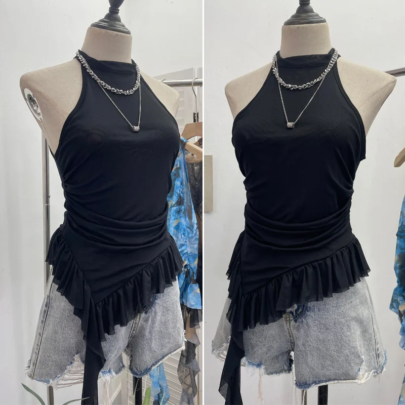 Uveng Trend Irregular Hanging Neck Dyeing Net Yarn Vest Lotus Side Ribbon Short Sleeveless Top 9969