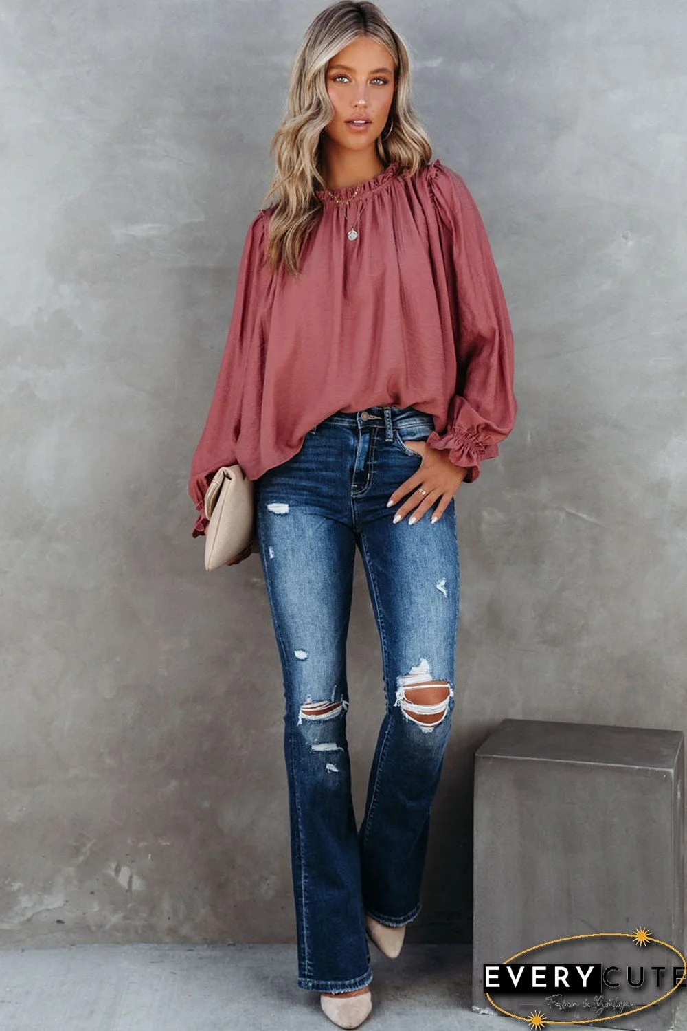 Red Frilled Neck Ruffled Long Sleeve Blouse