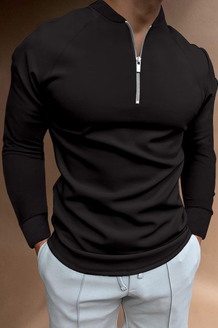 Tiboyz Men's Casual Zipper Stand Up Collar Long Sleeve  Polo Shirt