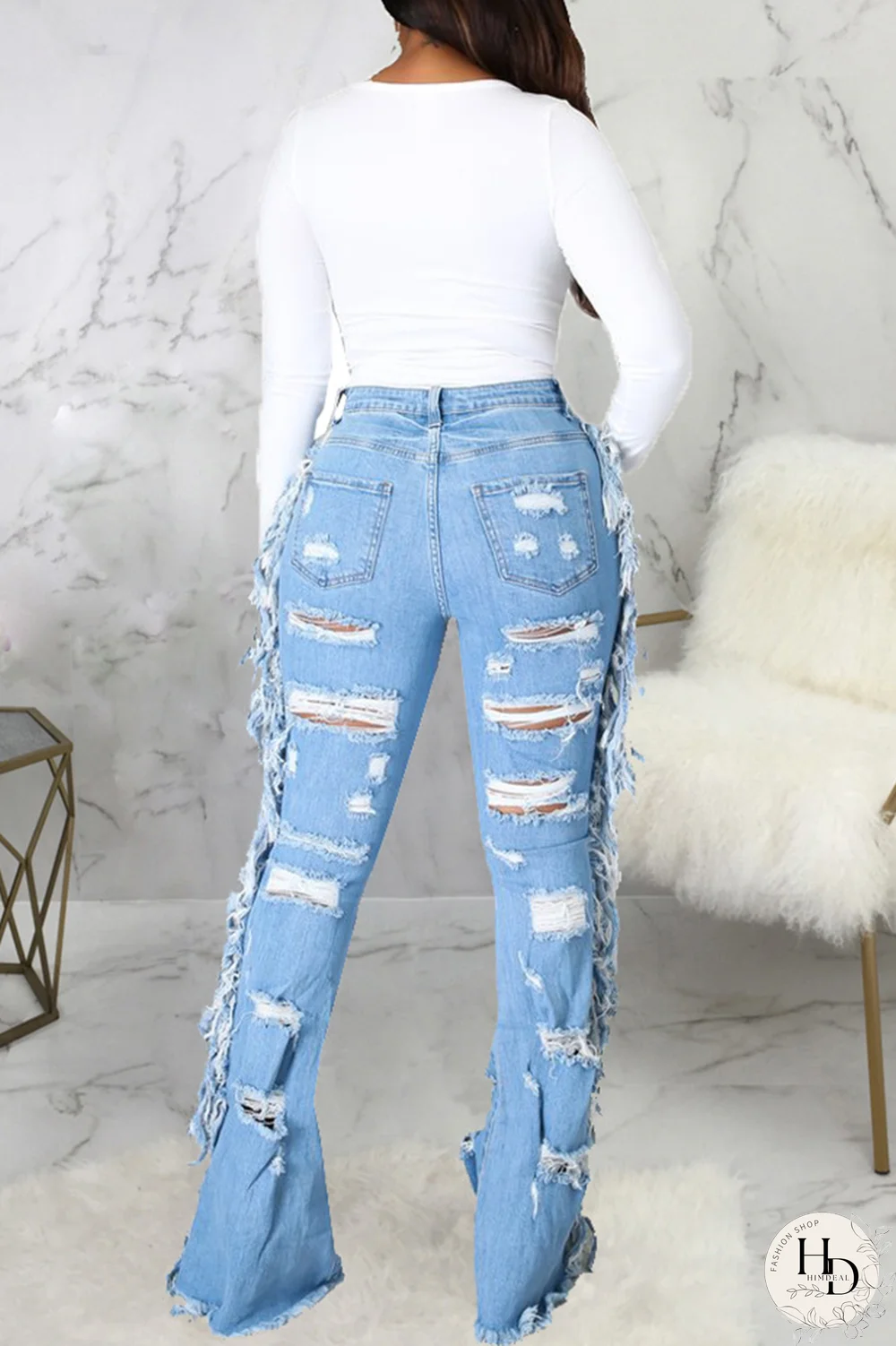 Baby Blue Casual Solid Ripped Mid Waist Boot Cut Denim Jeans