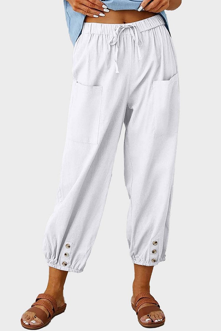 Drawstring High Waist Button Trim Casual Linen Pants