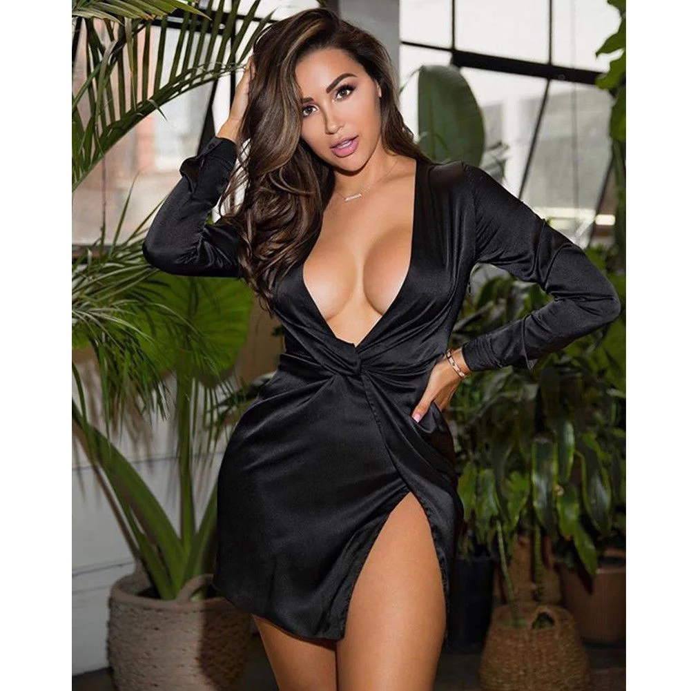 Uveng Uveng Trend V-Neck Wrinkled Fork Sexy Long-Sleeved Dress