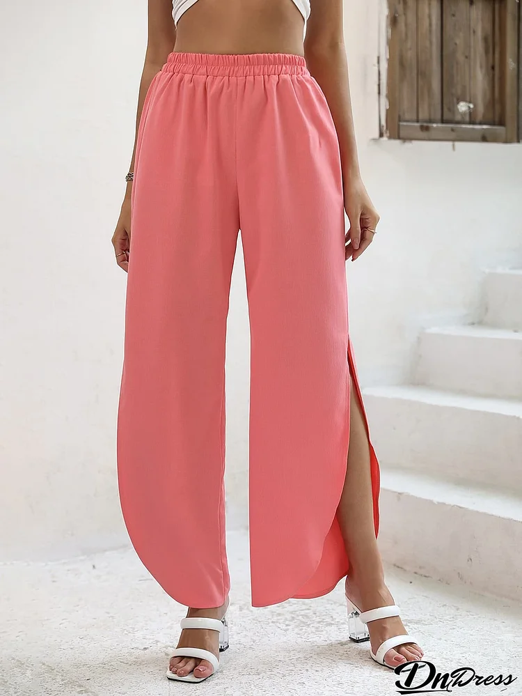 Elastic Waist Slit Wide Leg Pants