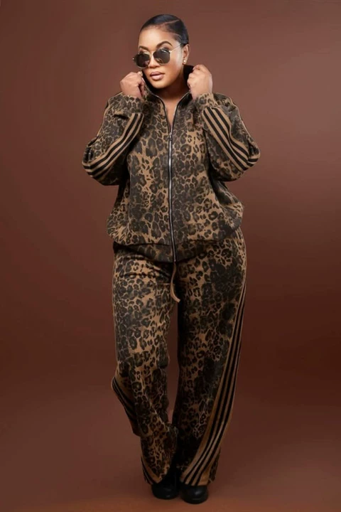 Leopard Print Striped Track Jacket Pants Matching Set-Brown
