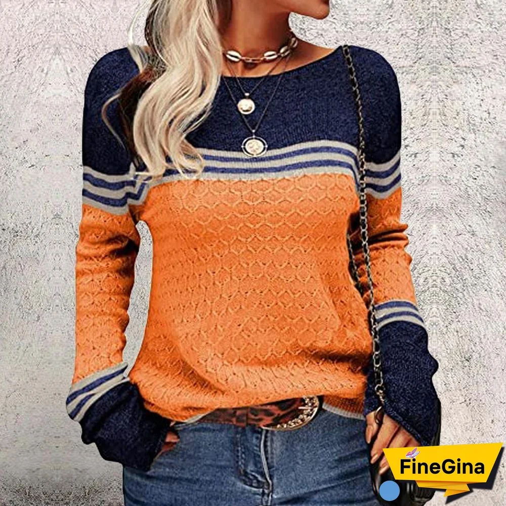 Orange and Blue Color Block Striped Long Sleeve Top