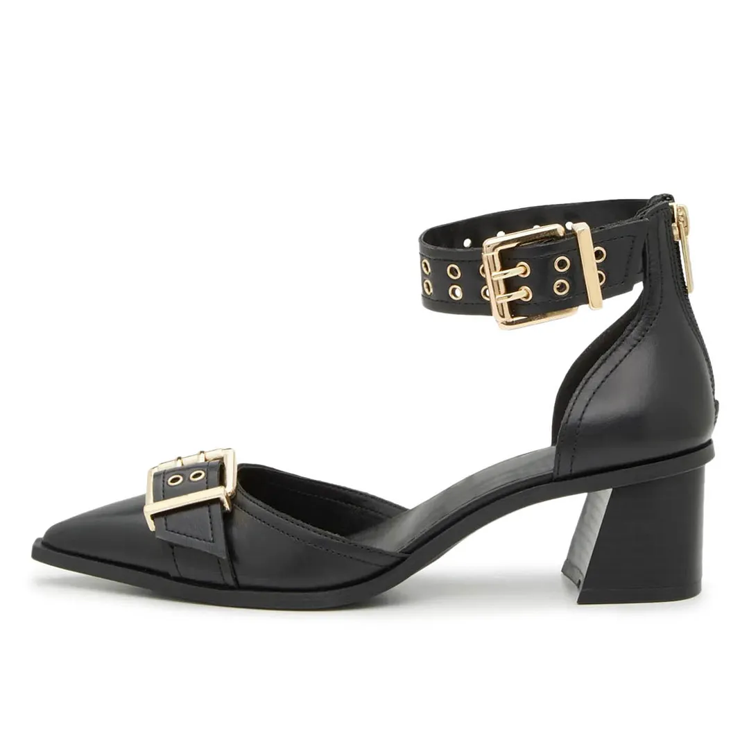 Vegan Leather Block Heel Grommet Ankle Strap Pumps Shoes in Black