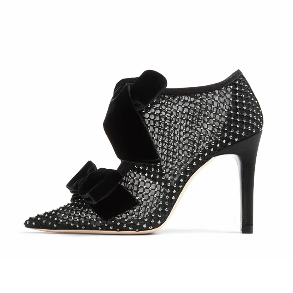 Black Charming Glitter Hollow Mesh Pumps With Bow