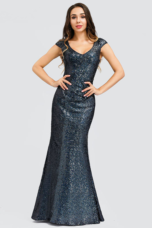 Gorgeous Sequins Cap Sleeve Prom Dresses Mermaid Long Evening Party ...