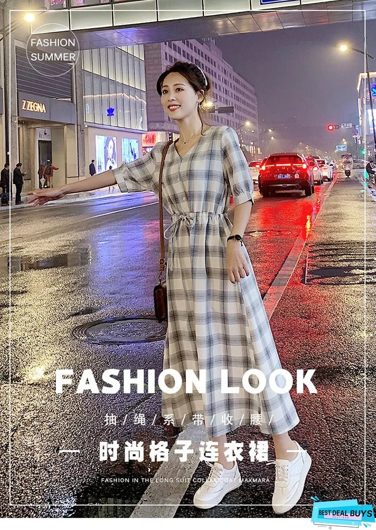 036 Plaid Shirt Dress Women's New Summer Long Fairy Lady Super Fairy Mori Style Dress Waist-Slimming Dress