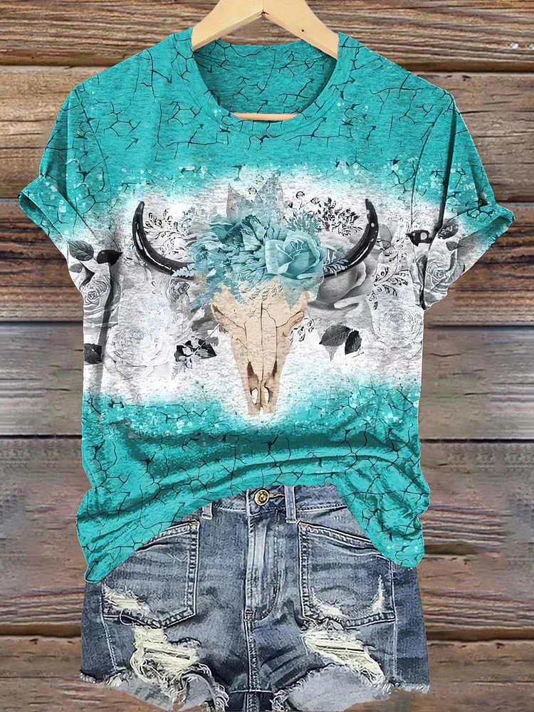 Turquoise Textured Longhorn Skull Print Comfort T-Shirt