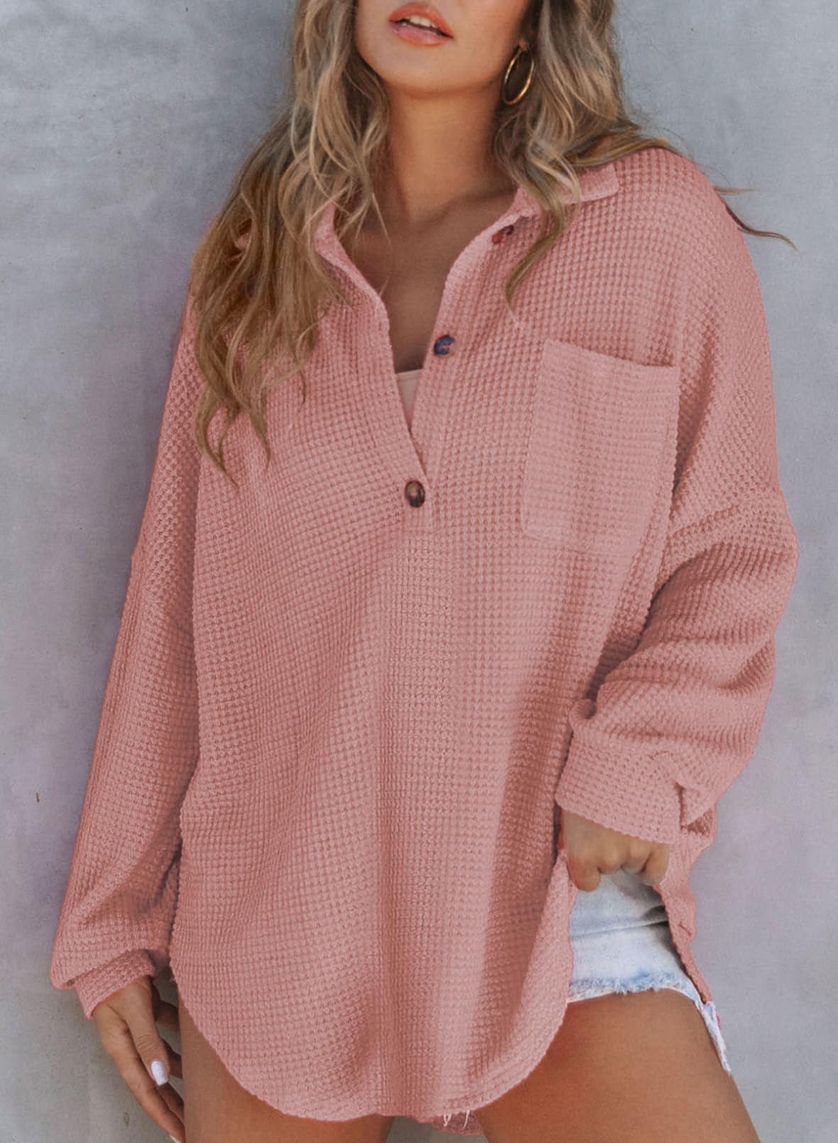 Limited time sale 🔥Women's Waffle Knit Henley Button Shirt Jacket(50% OFF!!)
