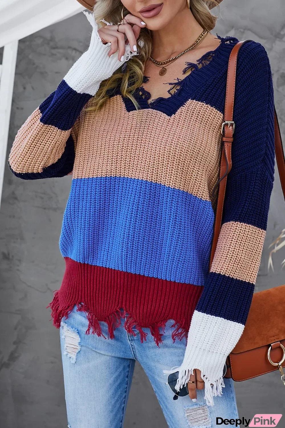 Blue Colorblock Distressed Sweater
