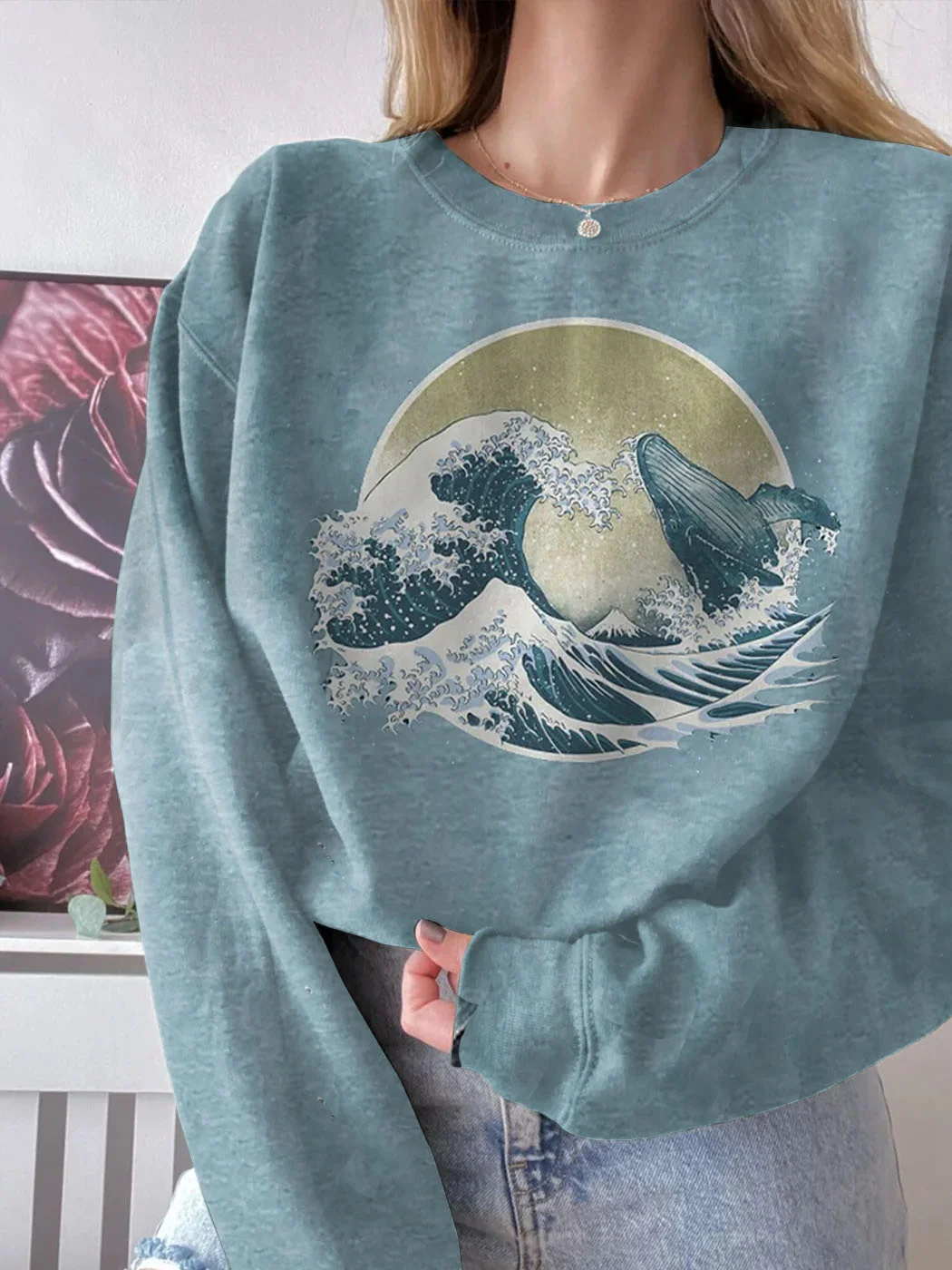 Whale Breach Japanese Art Vintage Washed Sweatshirt / DarkAcademias /Darkacademias