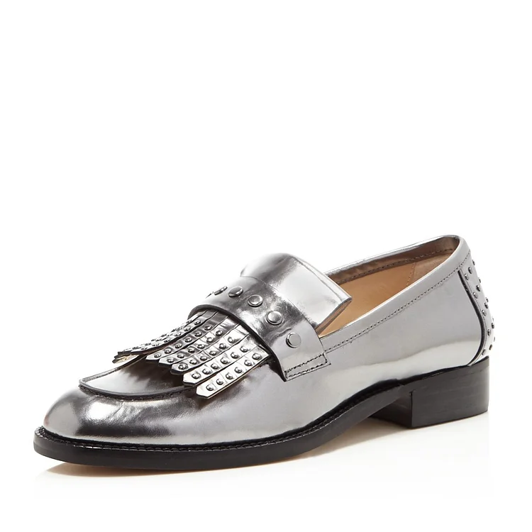 Dark Silver Patent Leather Round Toe Fringe Loafers for Women |FSJ Shoes
