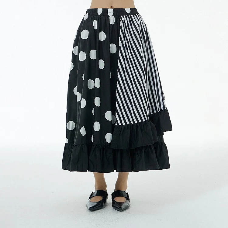 Temperament Contrast Color Dots Printed Patchwork Asymmetrical Striped Ruffled Hem Skirt
