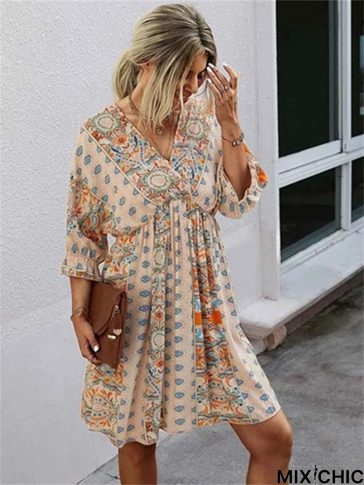 V-Neck Waist Print Dress Print Dresses