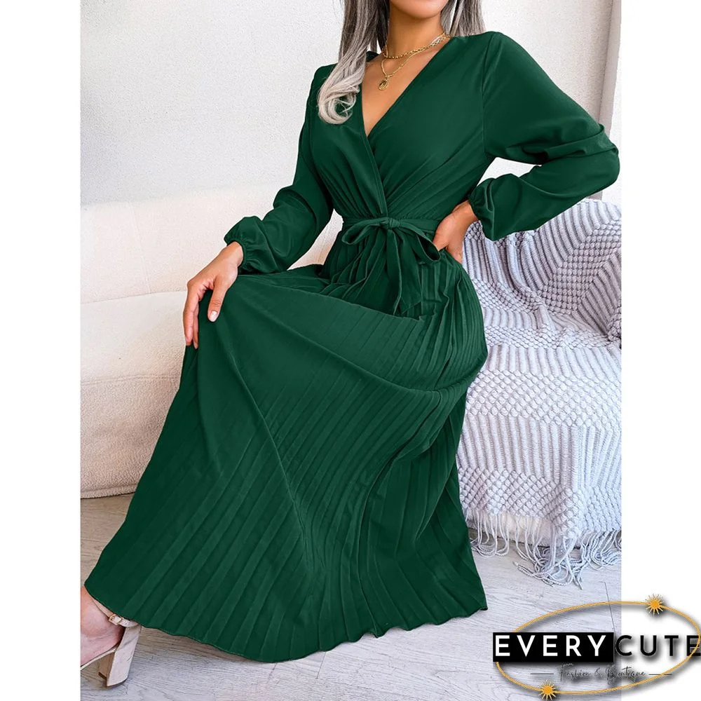 Green Wrap V Neck Pleated Long Sleeve Long Dress
