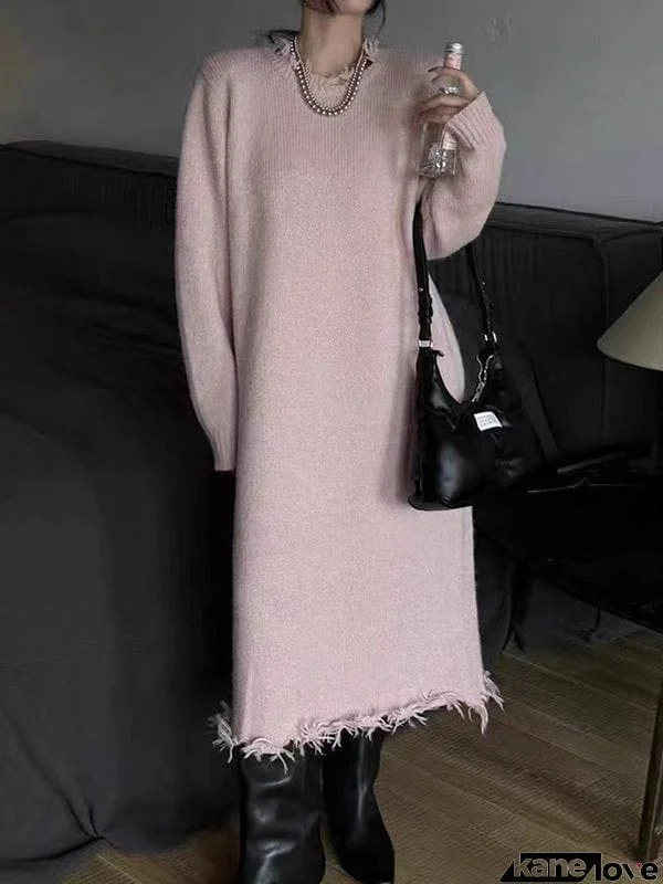 High Waisted Long Sleeves Fringed Solid Color Round-Neck Midi Dresses Sweater Dresses