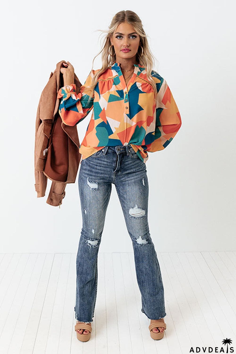 Geometric Patchwork Print Half Buttoned Blouse