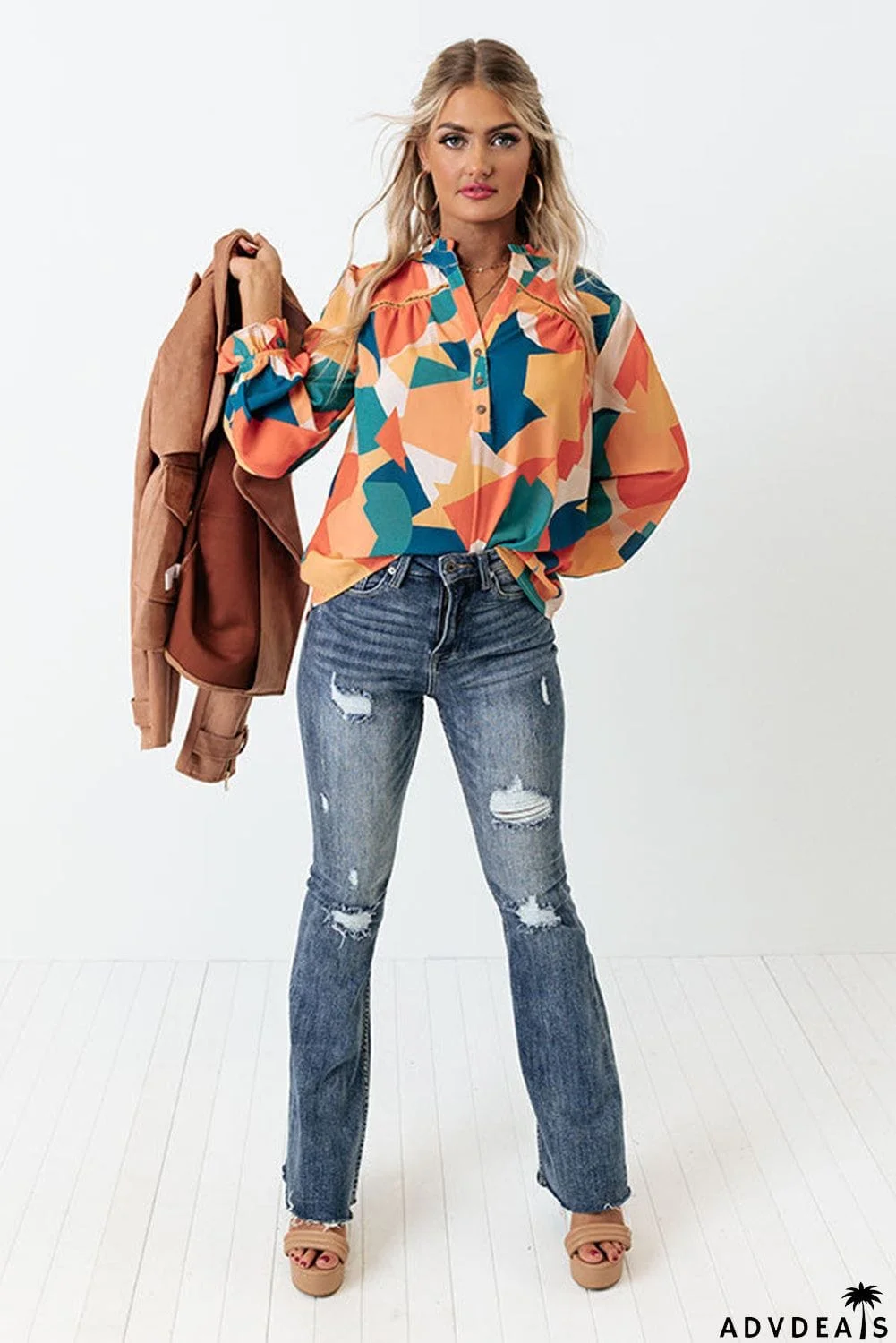 Geometric Patchwork Print Half Buttoned Blouse