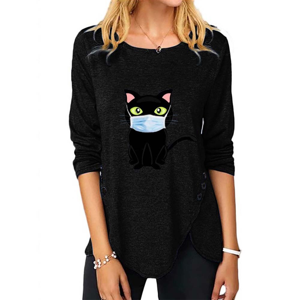 Winter Autumn O-neck Long Sleeve Women Loose Irregular cat print Top