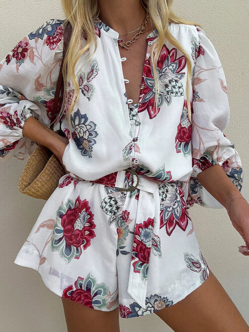 Elegant Floral Print Lace-Up Linen Jumpsuit