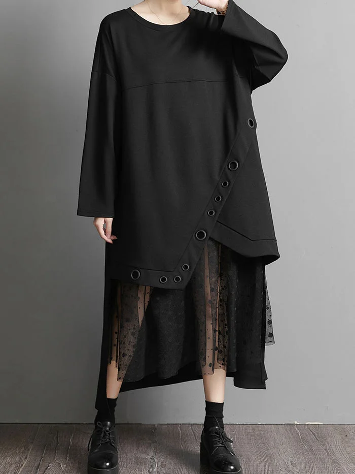 Black Paneled Mesh Pullover Dress