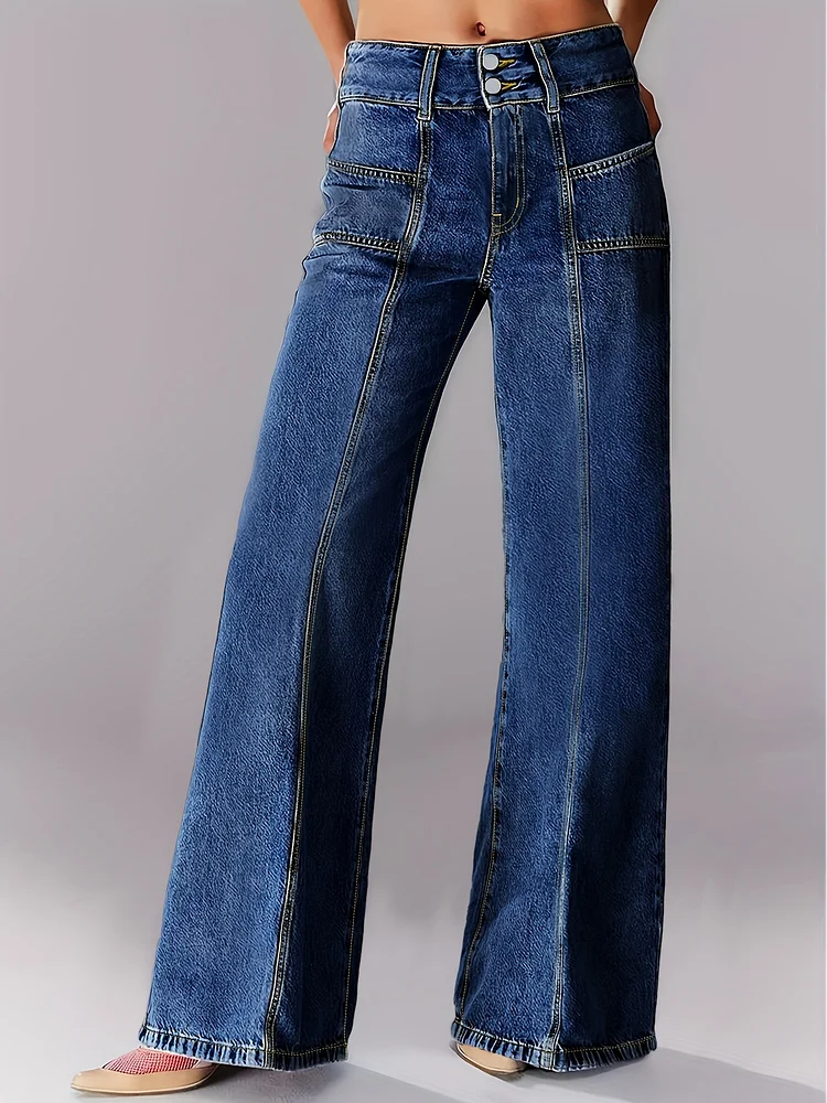 Women's High-Waisted Stretch Jeans - Elegant Straight-Leg Pants With Two Button Closure, Non-See-Through Fabric For Everyday & Formal Outfits - All-Season Skinny Fit Denim-Like Trousers, Versatile Wardrobe Staple, Classic Denim Look, Quality Stitching