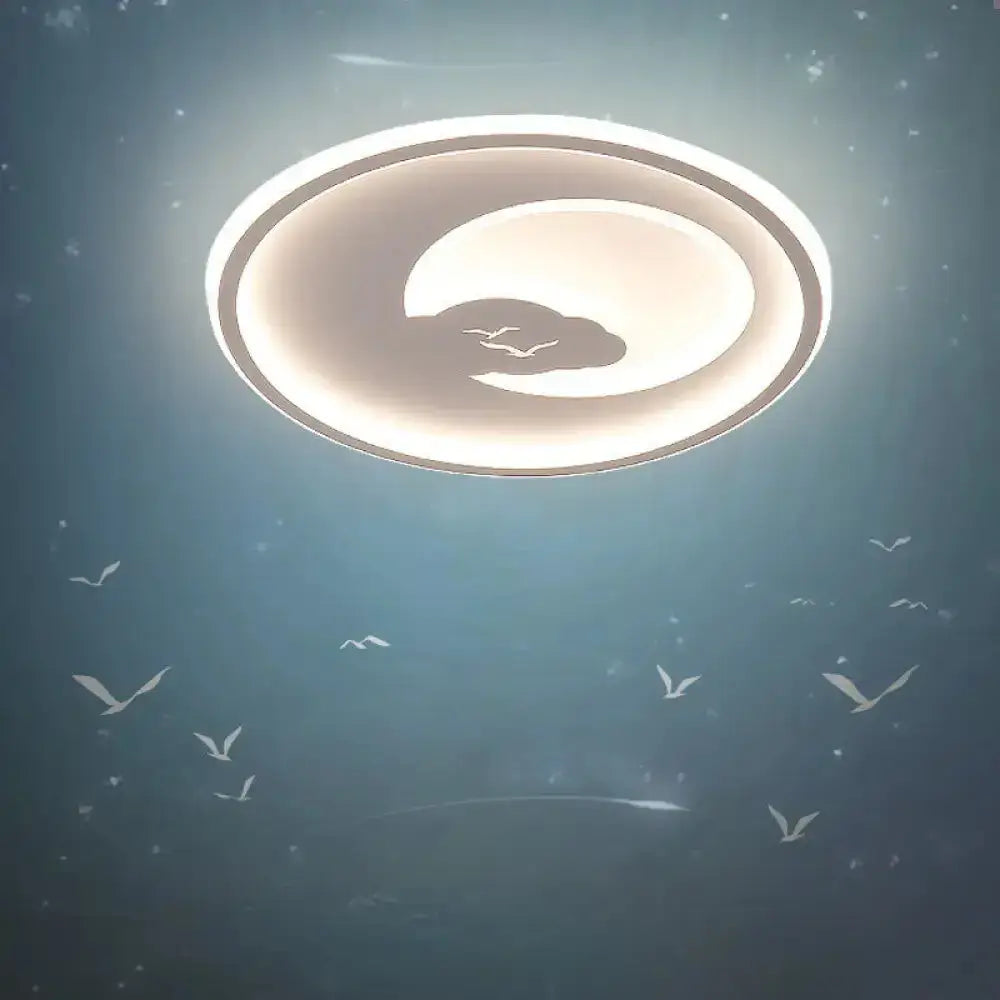 Modern Led Acrylic Flush Mount Light - Pink/White Circle Design 16&rsquo;/19.5&rsquo; Dia Moon And Bird