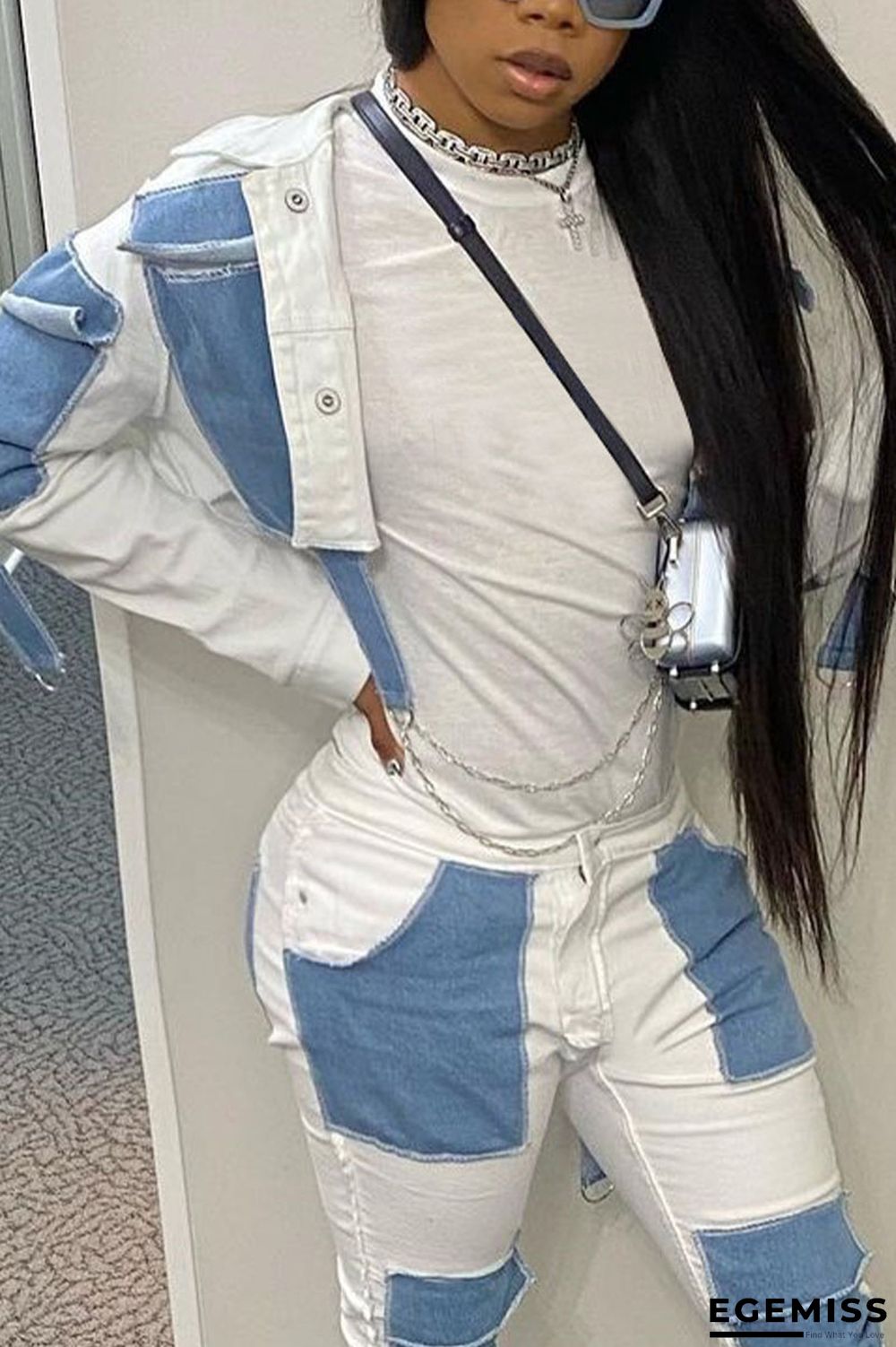 White Street Patchwork Turndown Collar Long Sleeve Loose Denim | EGEMISS