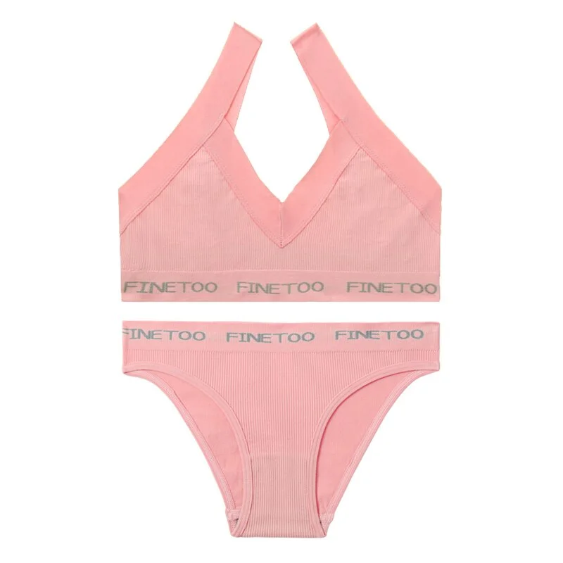 FINETOO Seamless Bra Set Women Deep V Tops Fashion Letter Panties M-XL Ladies Underwear Suit Tube Top Female Briefs Lingerie Set