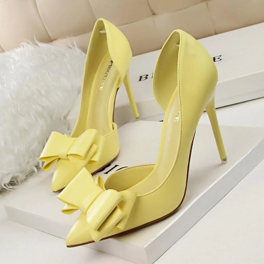 Fashionable bow-knot high-heeled stiletto shoes with shallow mouth and side cutout shoes