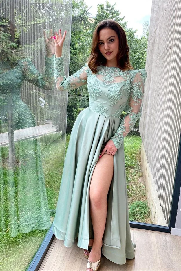 Luluslly Long Sleeves Split Long Prom Dress With Lace Appliques