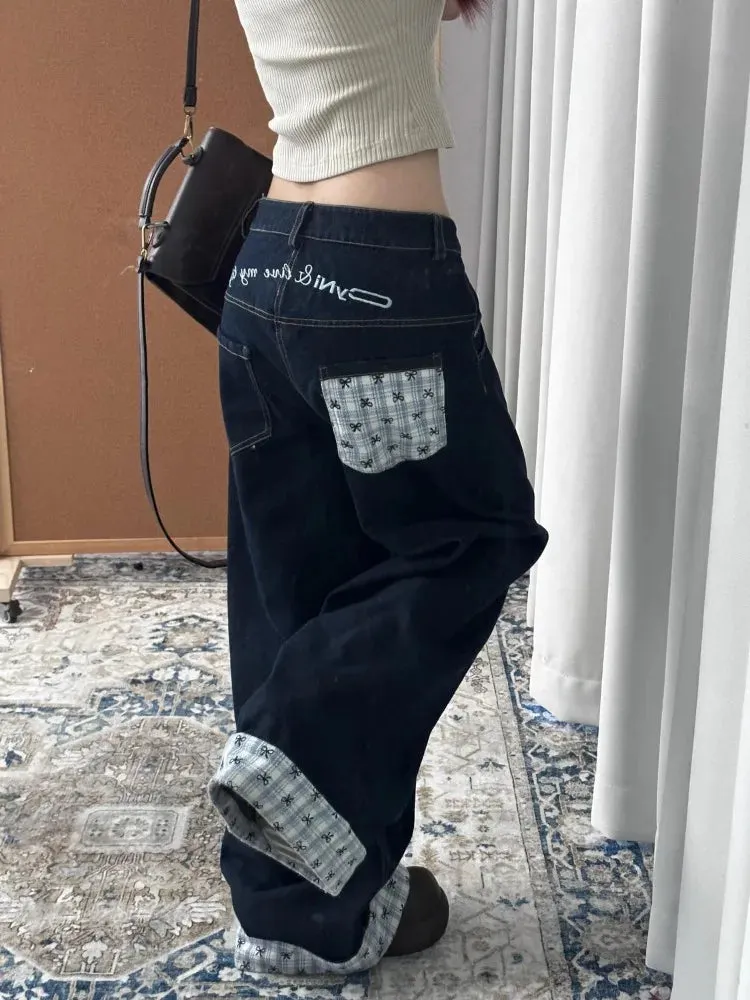 Y2k Embroidery Baggy Jeans Women Vintage Plaid Patchwork Denim Trousers Harajuku Korean Sweet Oversized Jeans Cutecore